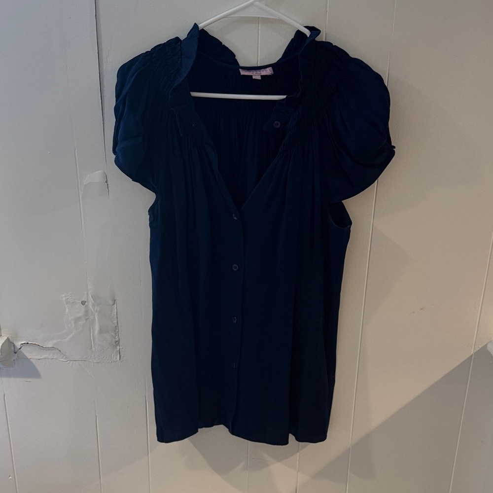 Calypso St. Barth Navy Button-Front Puff Sleeve Top